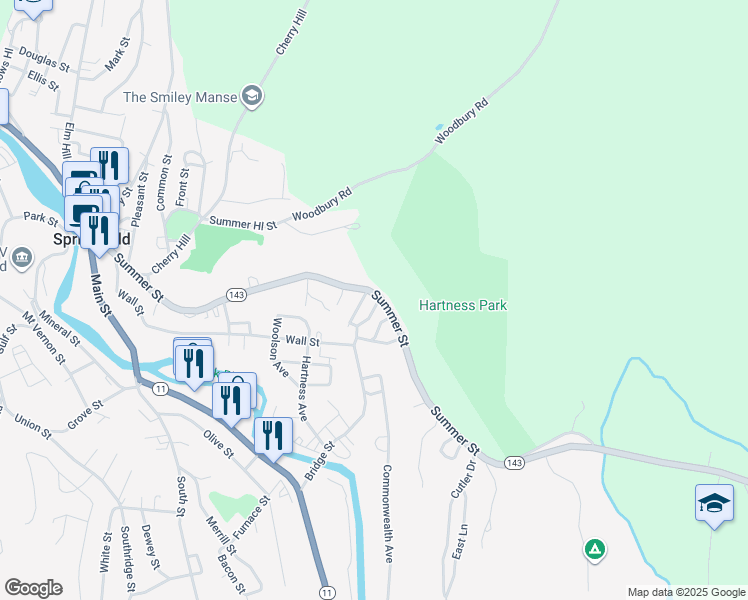 map of restaurants, bars, coffee shops, grocery stores, and more near 227 Summer Street in Springfield