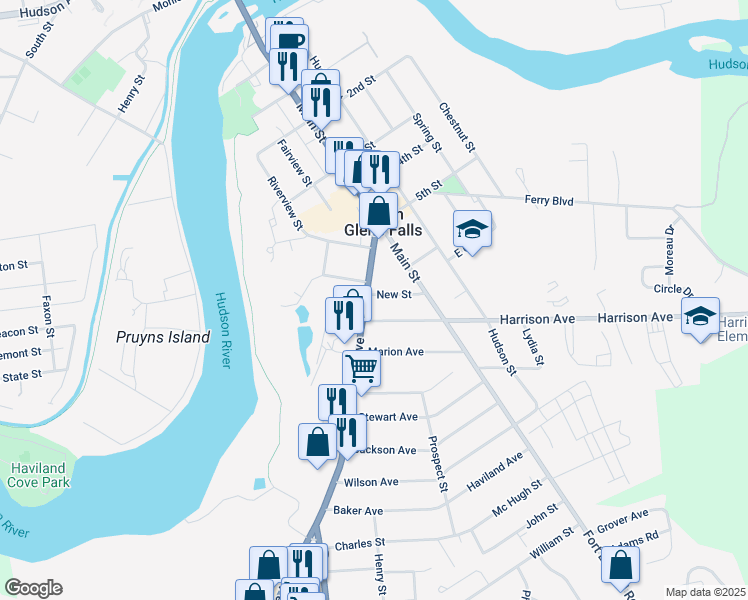 map of restaurants, bars, coffee shops, grocery stores, and more near 25 Saratoga Avenue in South Glens Falls