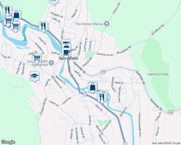 map of restaurants, bars, coffee shops, grocery stores, and more near 11 Summer Hill Street in Springfield