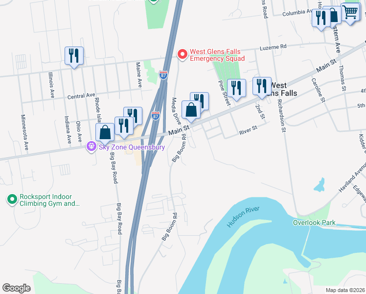 map of restaurants, bars, coffee shops, grocery stores, and more near 114 Main Street in Queensbury
