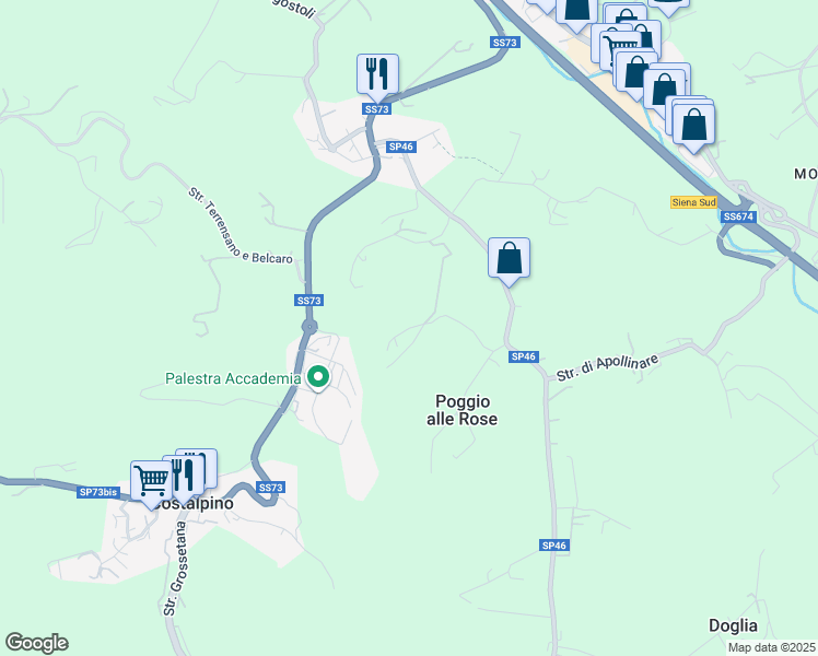 map of restaurants, bars, coffee shops, grocery stores, and more near 49 Strada di Monastero in Siena