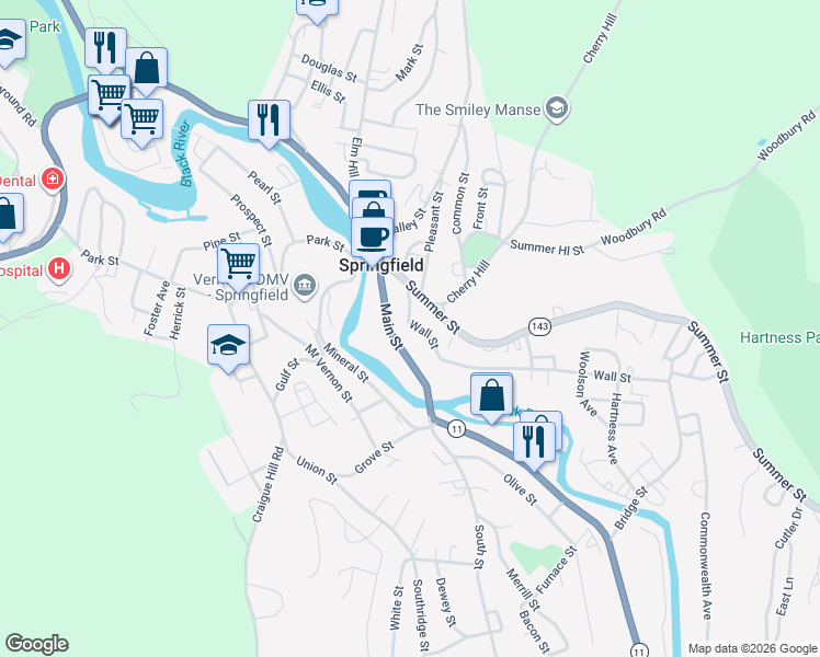 map of restaurants, bars, coffee shops, grocery stores, and more near 80 Main Street in Springfield