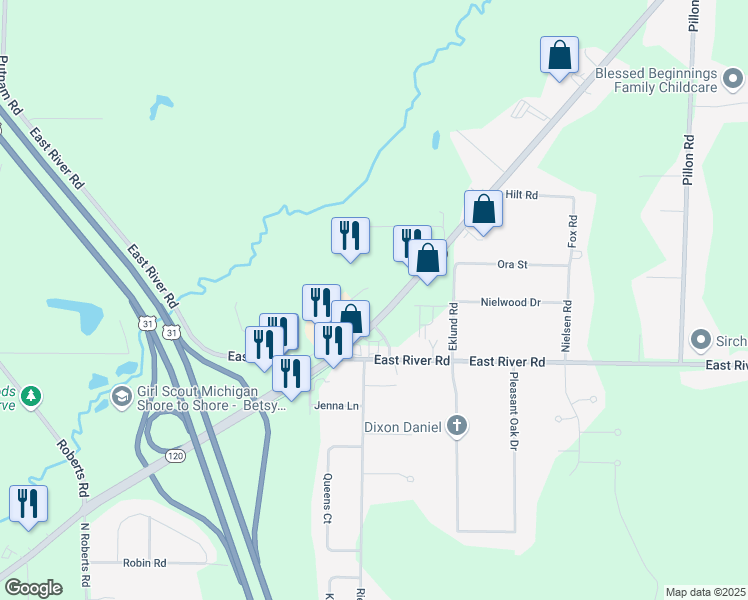 map of restaurants, bars, coffee shops, grocery stores, and more near 2351 Holton Road in Muskegon
