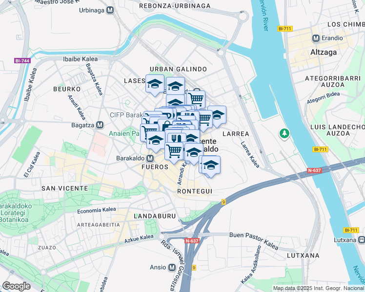 map of restaurants, bars, coffee shops, grocery stores, and more near 2 Herriko Plaza in Baracaldo