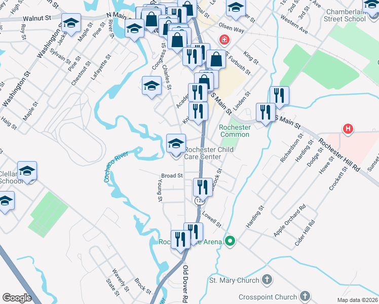 map of restaurants, bars, coffee shops, grocery stores, and more near 1 May Street in Rochester