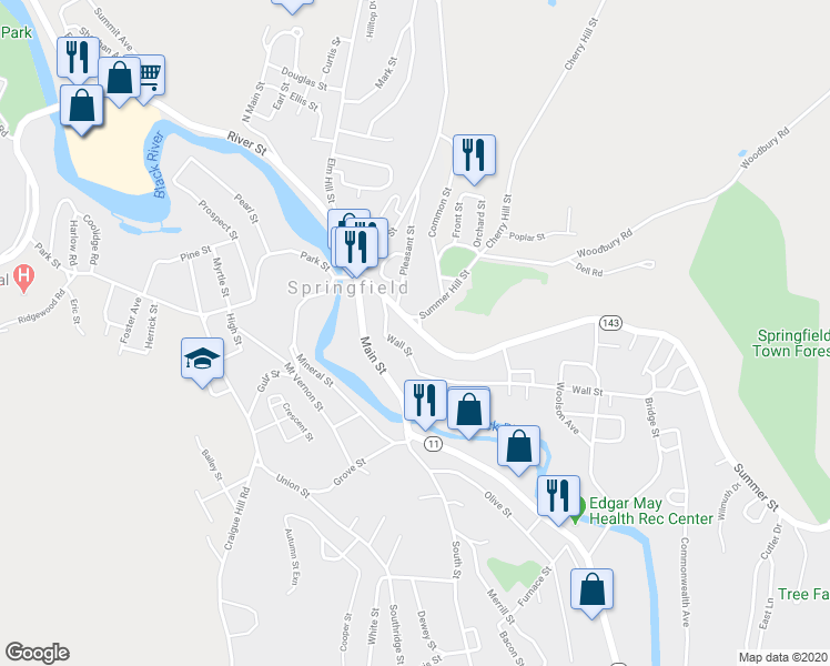 map of restaurants, bars, coffee shops, grocery stores, and more near 67 Summer Street in Springfield