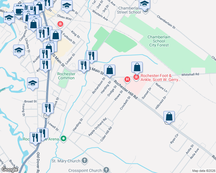 map of restaurants, bars, coffee shops, grocery stores, and more near 2 Harding Street in Rochester