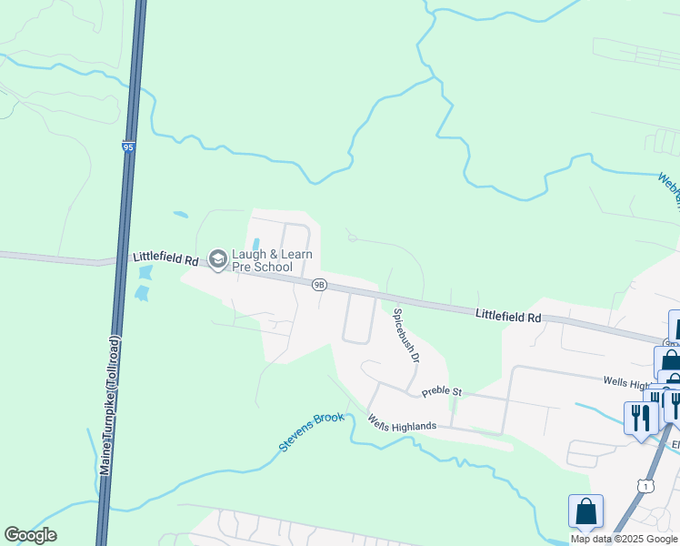 map of restaurants, bars, coffee shops, grocery stores, and more near 371 Littlefield Road in Wells