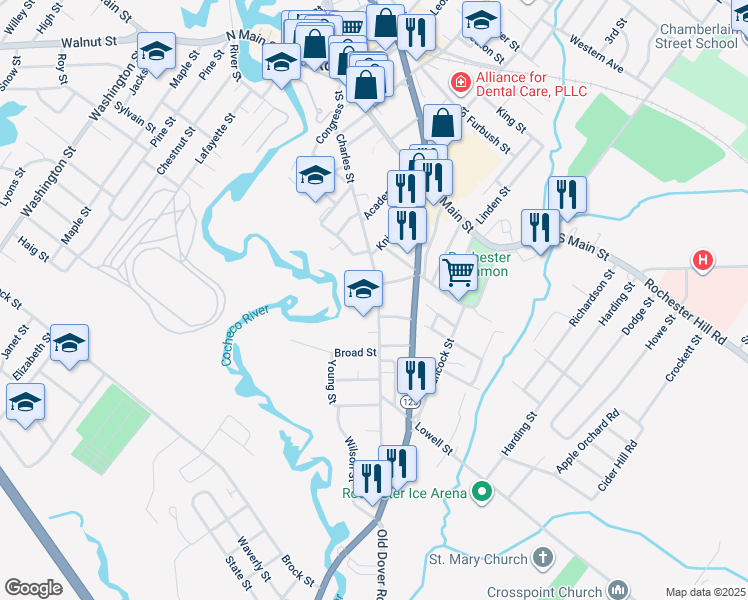 map of restaurants, bars, coffee shops, grocery stores, and more near 1 May Street in Rochester