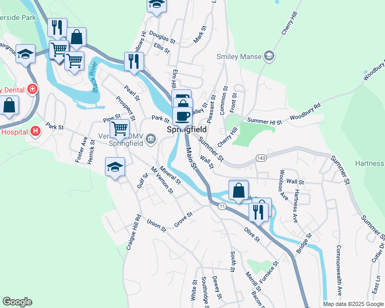 map of restaurants, bars, coffee shops, grocery stores, and more near 80 Main Street in Springfield