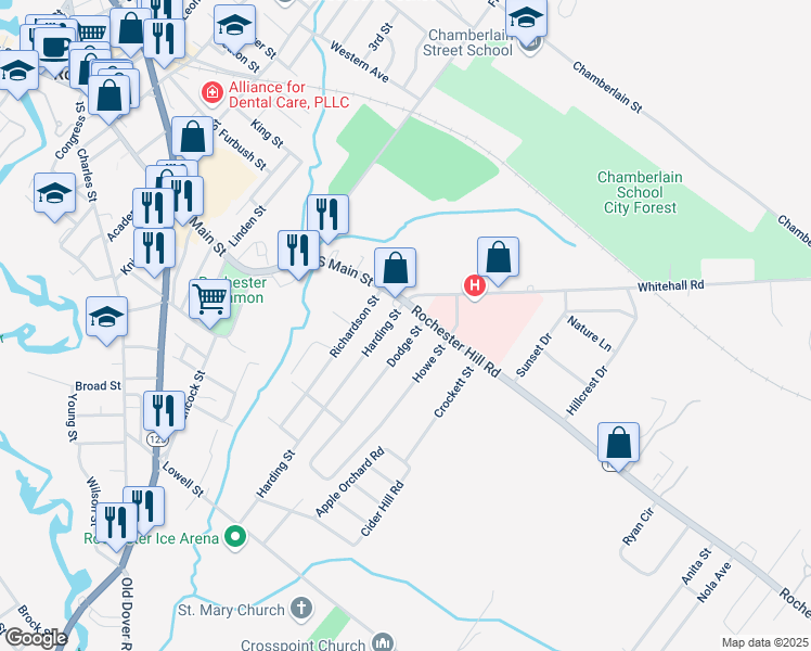 map of restaurants, bars, coffee shops, grocery stores, and more near 2 Harding Street in Rochester