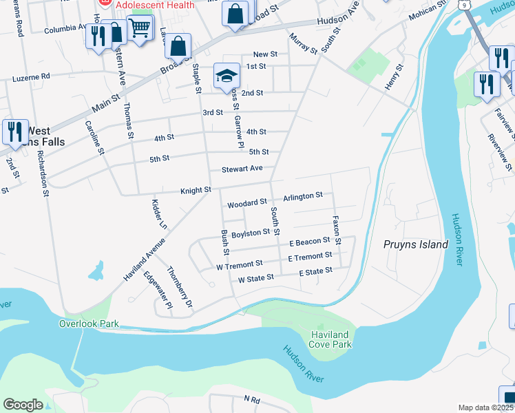 map of restaurants, bars, coffee shops, grocery stores, and more near 10 Woodard Street in Glens Falls