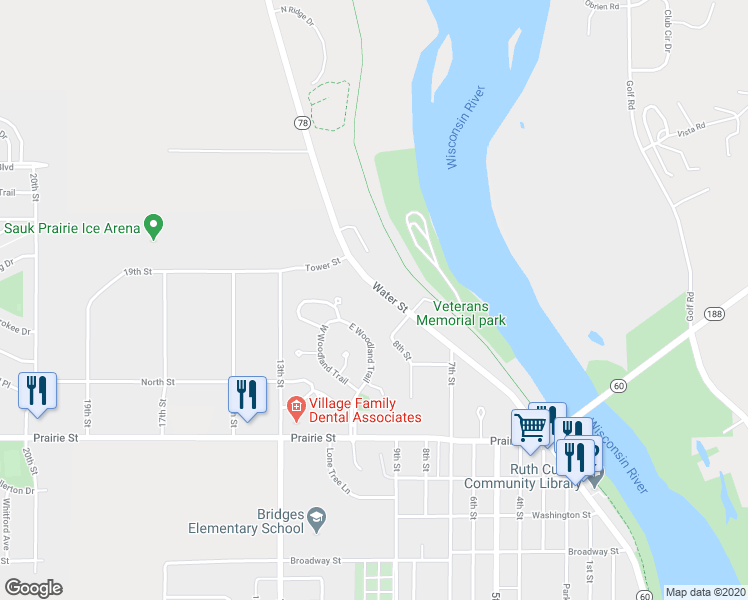 map of restaurants, bars, coffee shops, grocery stores, and more near 945 Water Street in Prairie du Sac