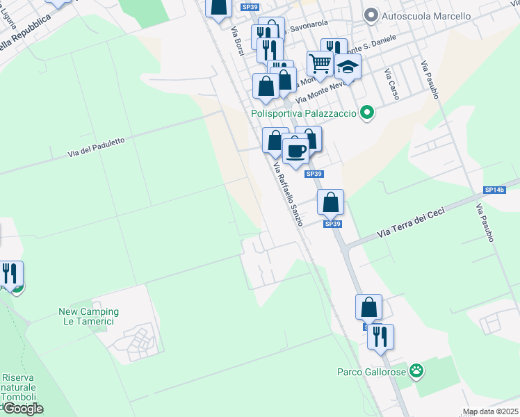 map of restaurants, bars, coffee shops, grocery stores, and more near Località Paduletto in Provincia di Livorno