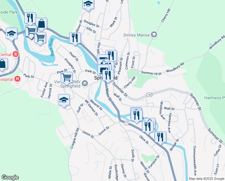 map of restaurants, bars, coffee shops, grocery stores, and more near 1 Wall Street in Springfield