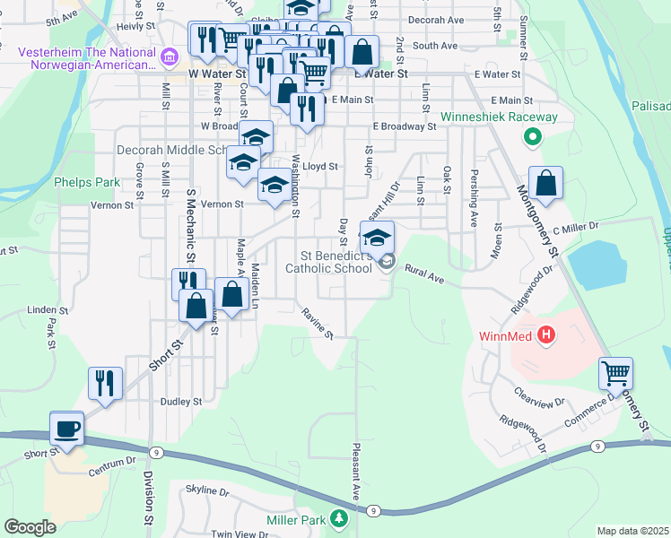 map of restaurants, bars, coffee shops, grocery stores, and more near 623 Day Street in Decorah