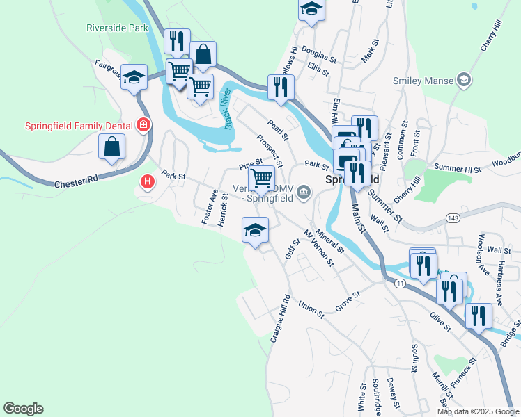 map of restaurants, bars, coffee shops, grocery stores, and more near 114 Park Street in Springfield