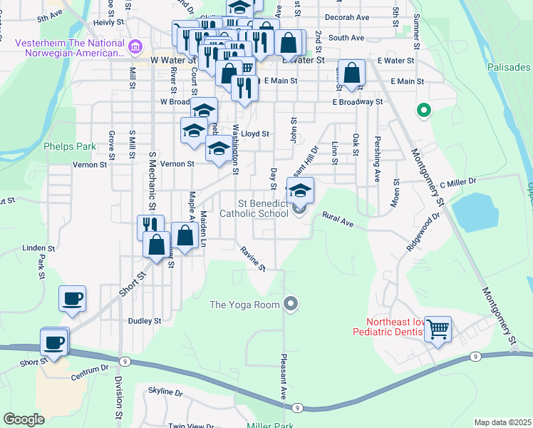 map of restaurants, bars, coffee shops, grocery stores, and more near 623 Day Street in Decorah