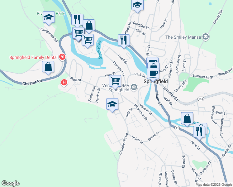map of restaurants, bars, coffee shops, grocery stores, and more near 114 Park Street in Springfield