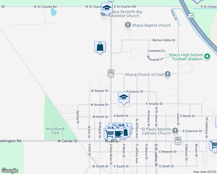 map of restaurants, bars, coffee shops, grocery stores, and more near 507 North Pine River Street in Ithaca