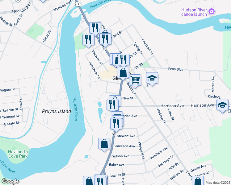map of restaurants, bars, coffee shops, grocery stores, and more near 1 Newton St in South Glens Falls