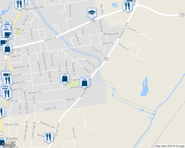 map of restaurants, bars, coffee shops, grocery stores, and more near 2 Pine Street in Hudson Falls