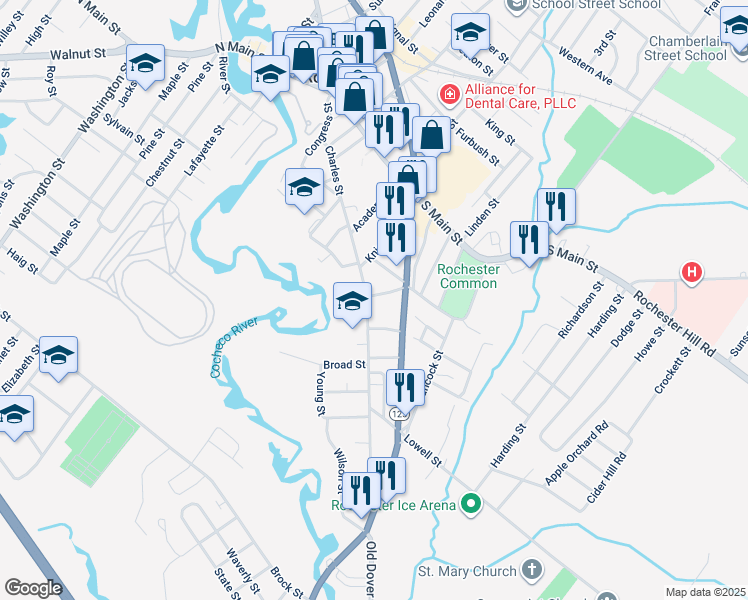 map of restaurants, bars, coffee shops, grocery stores, and more near 1 May Street in Rochester