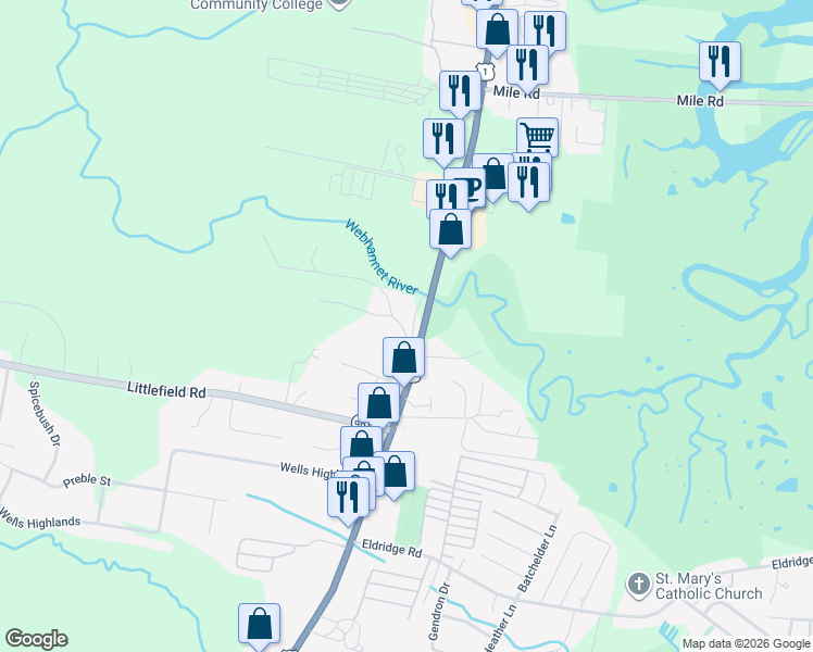 map of restaurants, bars, coffee shops, grocery stores, and more near 24 Buffum Hill Road in Wells