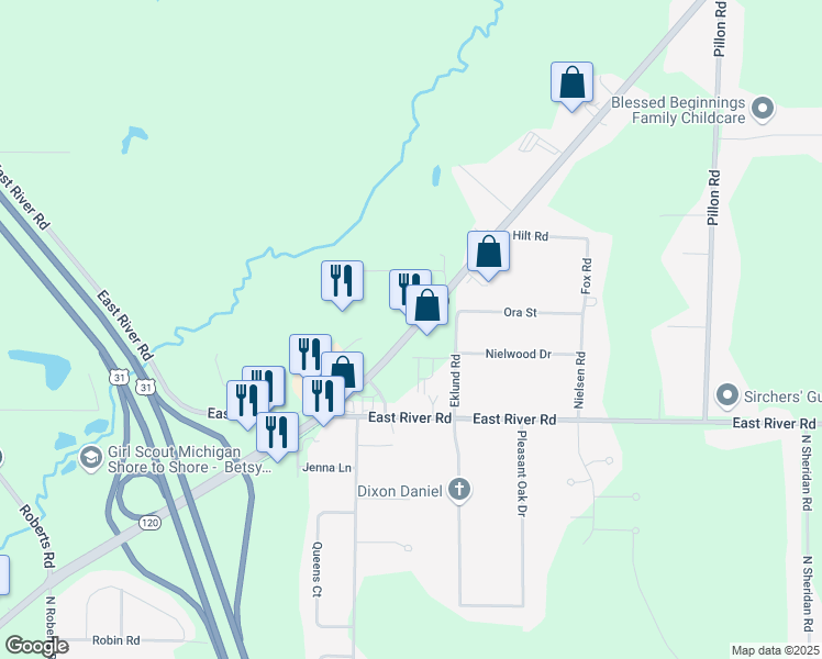 map of restaurants, bars, coffee shops, grocery stores, and more near 2351 Holton Road in Muskegon