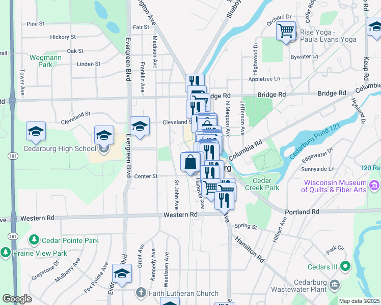 map of restaurants, bars, coffee shops, grocery stores, and more near 605 Hanover Avenue in Cedarburg