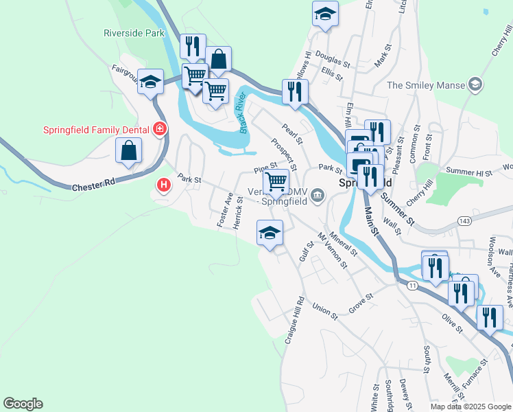 map of restaurants, bars, coffee shops, grocery stores, and more near 128 Park Street in Springfield
