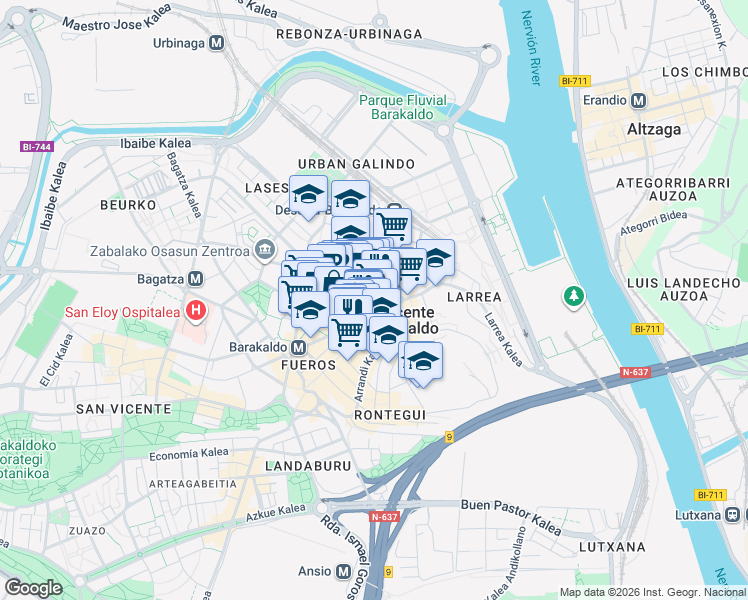 map of restaurants, bars, coffee shops, grocery stores, and more near 2 Herriko Plaza in Barakaldo