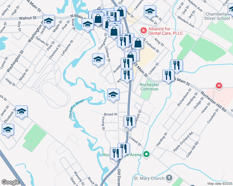 map of restaurants, bars, coffee shops, grocery stores, and more near 1 May Street in Rochester
