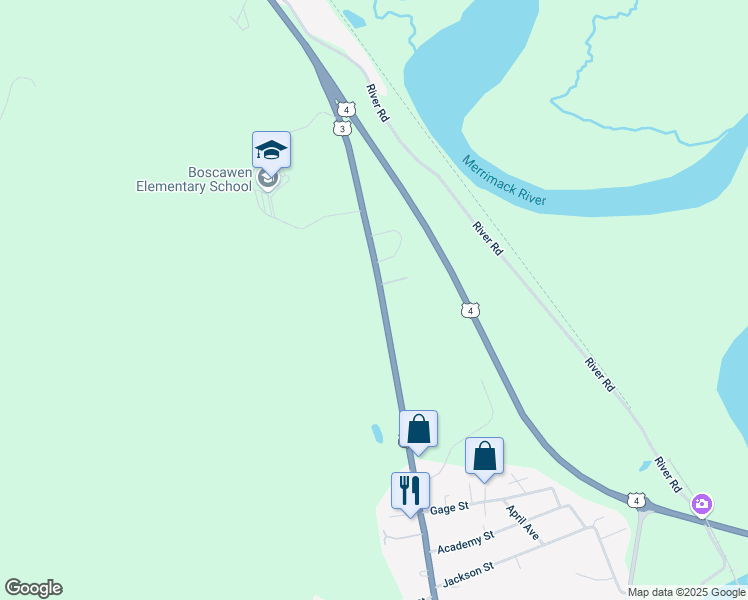 map of restaurants, bars, coffee shops, grocery stores, and more near 185 North Main Street in Boscawen