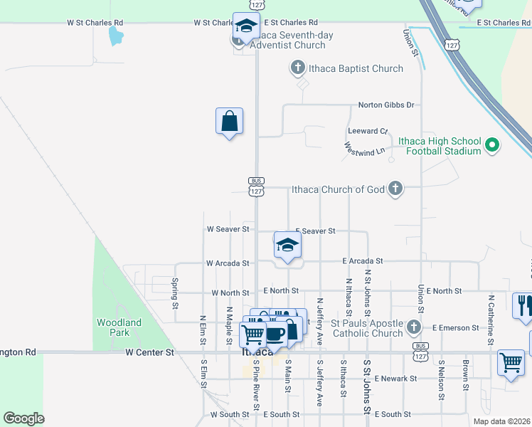 map of restaurants, bars, coffee shops, grocery stores, and more near 507 North Pine River Street in Ithaca