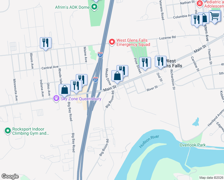 map of restaurants, bars, coffee shops, grocery stores, and more near 114 Main Street in West Glens Falls