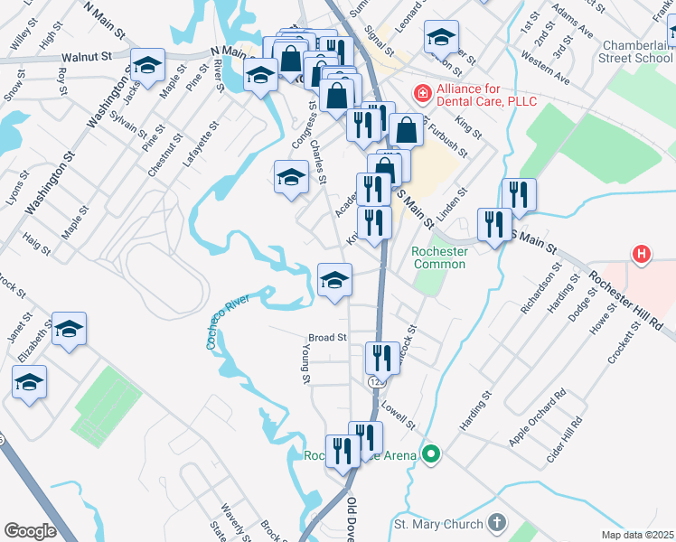 map of restaurants, bars, coffee shops, grocery stores, and more near 77 Charles Street in Rochester