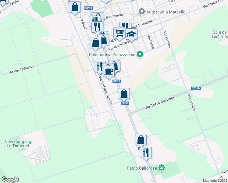 map of restaurants, bars, coffee shops, grocery stores, and more near 4 Via Caravaggio in Cecina