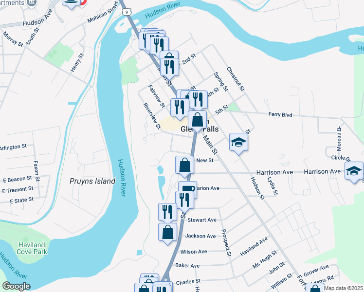 map of restaurants, bars, coffee shops, grocery stores, and more near 1 Newton Street in South Glens Falls