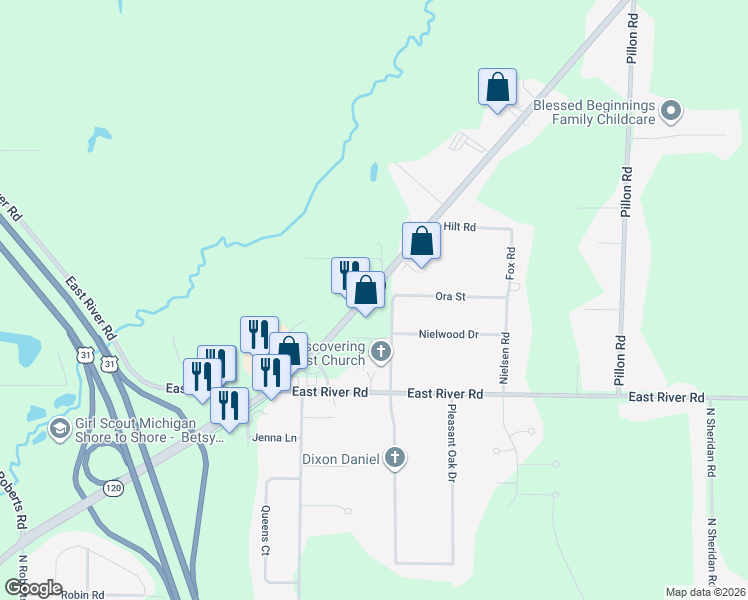 map of restaurants, bars, coffee shops, grocery stores, and more near 2330 Holton Road in North Muskegon