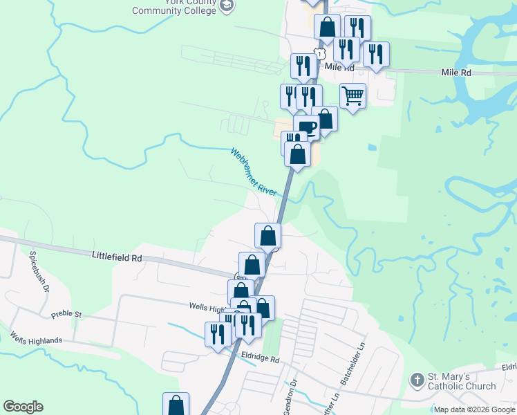 map of restaurants, bars, coffee shops, grocery stores, and more near 24 Buffum Hill Road in Wells