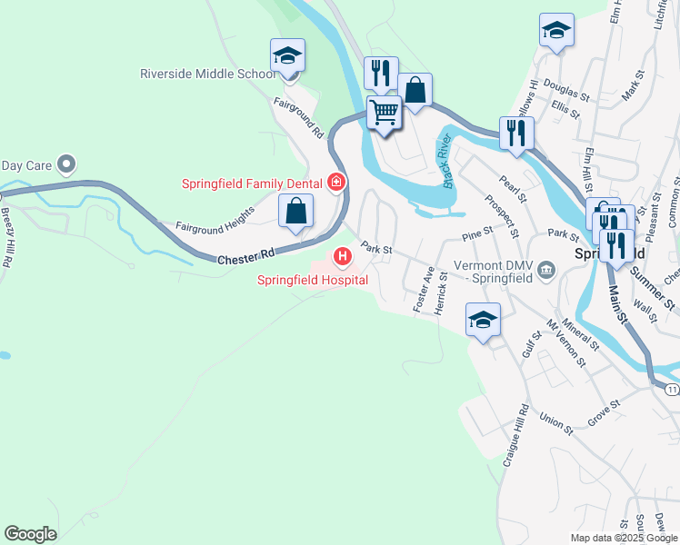 map of restaurants, bars, coffee shops, grocery stores, and more near 25 Ridgewood Road in Windsor County