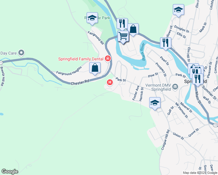 map of restaurants, bars, coffee shops, grocery stores, and more near 25 Ridgewood Road in Windsor County