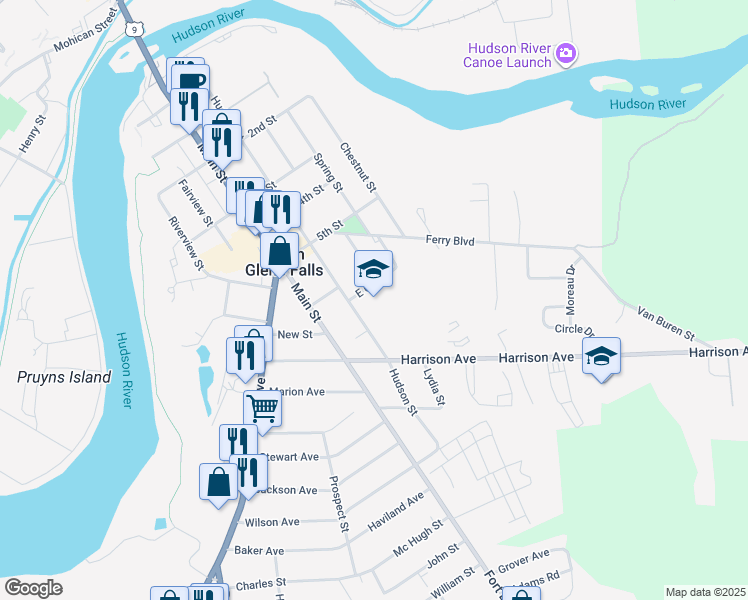 map of restaurants, bars, coffee shops, grocery stores, and more near 99 Hudson Street in South Glens Falls
