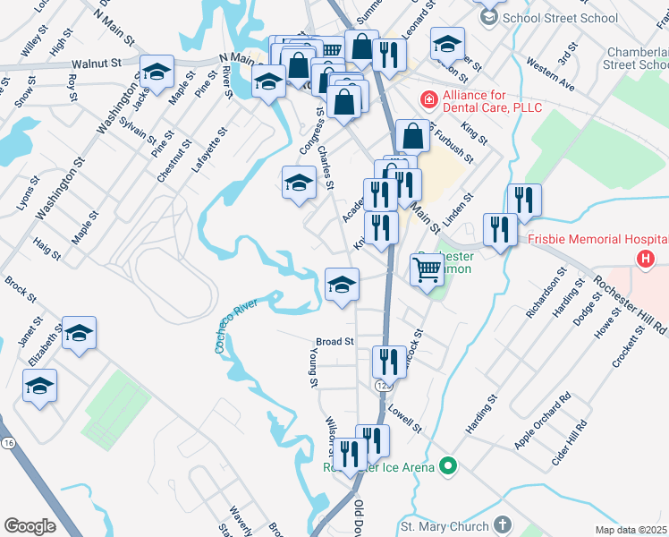map of restaurants, bars, coffee shops, grocery stores, and more near 77 Charles Street in Rochester