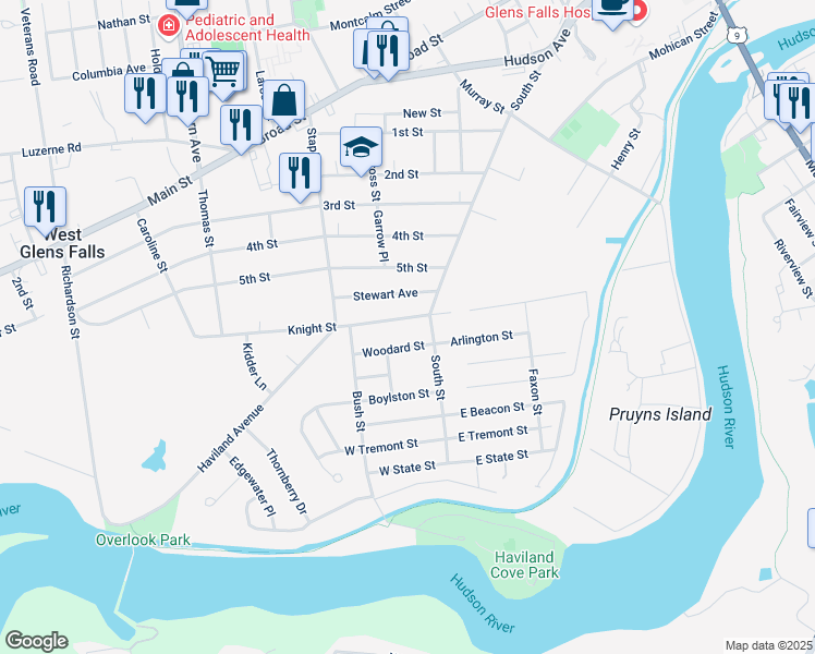 map of restaurants, bars, coffee shops, grocery stores, and more near 10 Woodard Street in Glens Falls