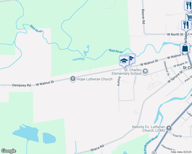 map of restaurants, bars, coffee shops, grocery stores, and more near 1000 West Walnut Street in Saint Charles