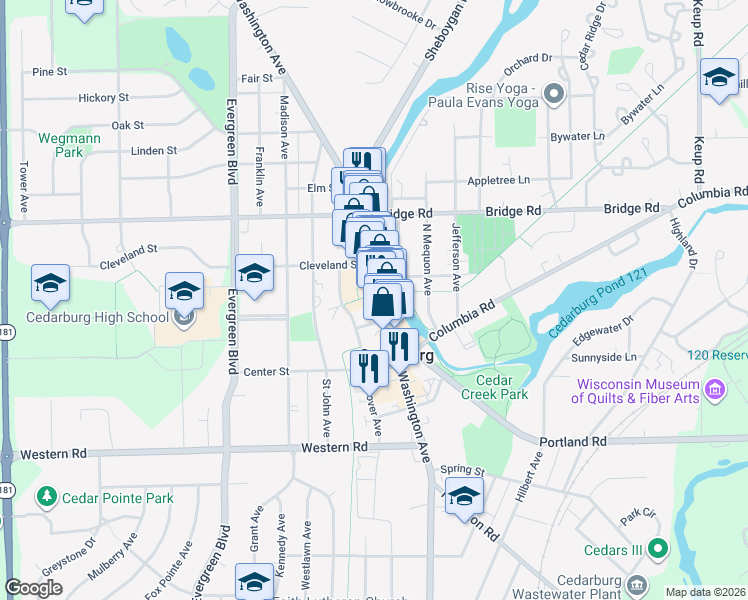 map of restaurants, bars, coffee shops, grocery stores, and more near W63N635 Washington Avenue in Cedarburg