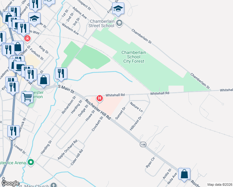 map of restaurants, bars, coffee shops, grocery stores, and more near 18 Whitehall Road in Rochester