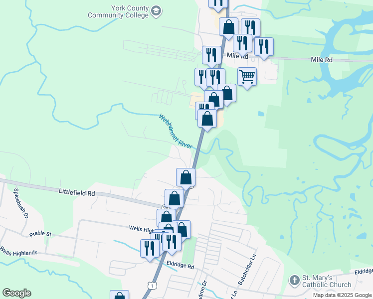 map of restaurants, bars, coffee shops, grocery stores, and more near 97 Buffum Hill Road in Wells